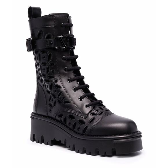 Valentino Black Leather Laser Cut Out Lace Up Combat Boots Size 41